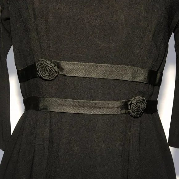 Vintage 50's 60's Black Crepe Cocktail Party Dress Ribbon Rosettes SM by Pavelle - Picture 3 of 10